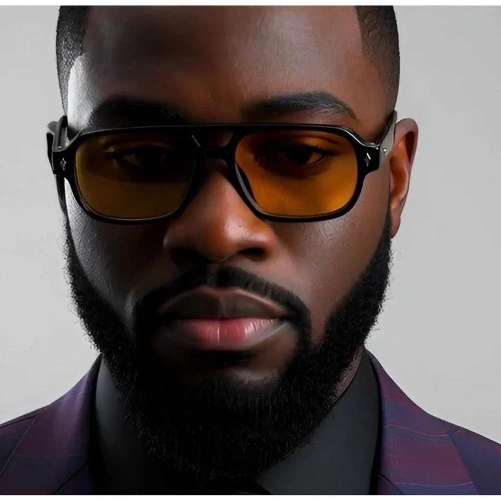 Mens‎ Square Fashion Sunglasses Black Frame Yellow Tinted Lens Retro Streetwear
